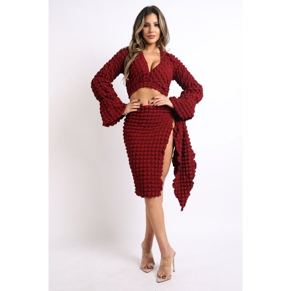 Women's Sexy Popcorn Long Sleeve Top And Matching Side Tie Mini Skirt 2 Pcs Set - Picture 8 of 14